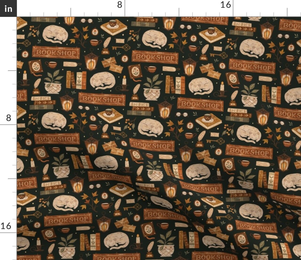 Books Cats Bookshop Cozy Vintage Leaves Fall Reading Academia Autumnal Custom Printed Fabric by Spoonflower Various Fabrics by the Yard or Fat Quarter